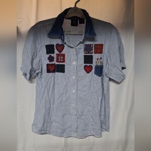 Women's cotton Blue Striped Button Down Shirt with Patchwork